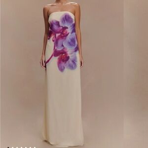 Meshki Strapless Cream Dress with Purple Floral Design